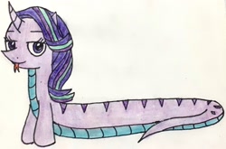 Size: 2520x1660 | Tagged: safe, artist:melisareb, character:starlight glimmer, species:lamia, species:pony, species:unicorn, forked tongue, i can't believe it's not 徐詩珮, lamiafied, lidded eyes, long glimmer, looking at you, meme, original species, snake pony, solo, species swap, tongue out, traditional art
