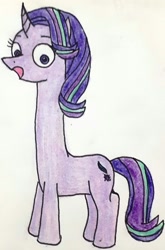Size: 1520x2310 | Tagged: safe, artist:melisareb, character:starlight glimmer, species:pony, species:unicorn, giraffe, i can't believe it's not 徐詩珮, impossibly long neck, long glimmer, long neck, meme, necc, open mouth, solo, tongue out, traditional art