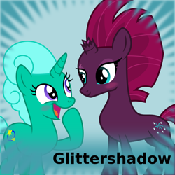 Size: 1024x1024 | Tagged: safe, artist:melisareb, character:fizzlepop berrytwist, character:glitter drops, character:tempest shadow, species:pony, species:unicorn, derpibooru, ship:glittershadow, .svg available, blushing, female, lesbian, looking at each other, mare, meta, shipping, spoilered image joke, svg, vector