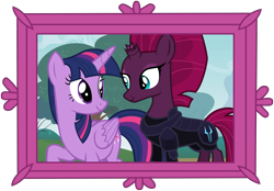 Size: 6250x4351 | Tagged: safe, artist:ejlightning007arts, artist:melisareb, character:tempest shadow, character:twilight sparkle, character:twilight sparkle (alicorn), species:alicorn, species:pony, species:unicorn, ship:tempestlight, my little pony: the movie (2017), armor, broken horn, cute, eye scar, female, horn, lesbian, picture frame, raised hoof, scar, shipping, tree