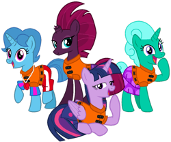 Size: 1299x1080 | Tagged: safe, artist:jp, artist:melisareb, artist:徐詩珮, edit, character:fizzlepop berrytwist, character:glitter drops, character:spring rain, character:tempest shadow, character:twilight sparkle, character:twilight sparkle (alicorn), species:alicorn, species:pony, species:unicorn, series:sprglitemplight diary, series:sprglitemplight life jacket days, series:springshadowdrops diary, series:springshadowdrops life jacket days, ship:glitterlight, ship:glittershadow, ship:tempestlight, alternate universe, bisexual, broken horn, clothing, cute, equestria girls outfit, female, glitterbetes, horn, lesbian, lifeguard, lifeguard spring rain, polyamory, shipping, simple background, sprglitemplight, springbetes, springdrops, springlight, springshadow, springshadowdrops, tempestbetes, transparent background, twiabetes, vector edit