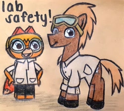 Size: 2040x1840 | Tagged: safe, artist:melisareb, character:doctor whooves, character:time turner, species:earth pony, species:fox, species:pony, clothing, crossover, dr. fox, goggles, lab coat, lego, looking at you, male, not shipping, stallion, text, traditional art, unikitty! (tv series)