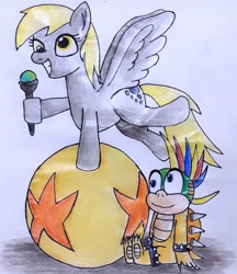 Size: 1855x2145 | Tagged: safe, artist:melisareb, character:derpy hooves, species:pegasus, species:pony, ball, crossover, cute, derp, derpabetes, female, koopa, lemmy koopa, male, mare, nintendo, not shipping, smiling, super mario bros., traditional art, wand, wings
