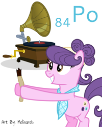 Size: 6400x8000 | Tagged: safe, artist:melisareb, part of a set, character:suri polomare, species:earth pony, species:pony, series:joycall6's periodic table, .svg available, absurd resolution, anti-static brush, bandana, brush, cute, female, inkscape, mare, name pun, periodic table, phonograph, polonium, simple background, smiling, solo, suribetes, text, vector, white background