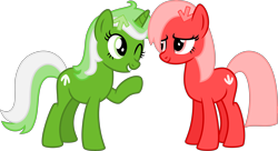 Size: 9222x5000 | Tagged: safe, artist:melisareb, derpibooru original, oc, oc only, oc:downvote, oc:upvote, species:earth pony, species:pony, species:unicorn, derpibooru, derpibooru ponified, g4, absurd resolution, cute, duo, female, lidded eyes, looking at each other, mare, meta, ocbetes, one eye closed, ponified, siblings, simple background, sisters, smiling, transparent background, vector, wink