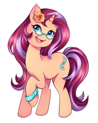 Size: 1280x1601 | Tagged: safe, artist:autumn--rush, oc, oc:amber spark, species:pony, species:unicorn, g4, accessories, blue eyes, female, flower in hair, glasses, simple background, smiling, solo, transparent background, two toned mane
