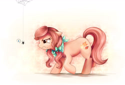 Size: 4710x3210 | Tagged: safe, artist:autumn--rush, oc, oc:autumn rush, species:earth pony, species:pony, g4, bandana, cute, female, glare, hair bow, pigtails, simple background, solo, spider, spider web, sweat, sweatdrop, two toned mane