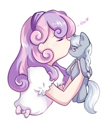 Size: 907x1060 | Tagged: safe, artist:autumn--rush, character:silver spoon, character:sweetie belle, species:earth pony, species:human, species:pony, ship:silverbelle, g4, bow, braid, chibi, cute, diasweetes, humanized, kissy face, nose kiss, plushie