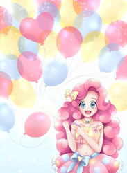 Size: 3337x4547 | Tagged: safe, artist:autumn--rush, character:pinkie pie, species:human, g4, my little pony:equestria girls, anime, balloon, belly button, bow, bright, clothing, curls, cute, element of laughter, heart, humanized, open mouth, pink hair, simple background, skirt, smiling, smiling at you, solo