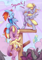 Size: 2059x2912 | Tagged: safe, artist:cutepencilcase, character:derpy hooves, character:fluttershy, character:rainbow dash, species:bird, species:pegasus, species:pony, g4, bird pone, cute, fluffy, fluffy pony, loud, noise, pegasi acting like birds, squeak