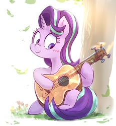 Size: 1224x1322 | Tagged: safe, artist:nendo, character:starlight glimmer, species:pony, species:unicorn, g4, cute, guitar, instrument, playing instrument, sitting, smiling, solo, tree