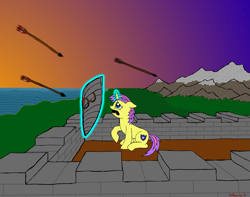 Size: 2679x2106 | Tagged: safe, artist:romulus4444, oc, oc only, parent:princess cadance, parent:shining armor, parents:shiningcadance, unnamed oc, species:pony, species:unicorn, g4, arrow, arrows, castle, female, glowing horn, grass, high res, horn, mare, mountain, offspring, scared, secret santa, shield, solo, sunset, tail, telekinesis