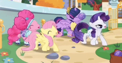 Size: 402x210 | Tagged: safe, edit, editor:romulus4444, gameloft, screencap, character:fluttershy, character:pinkie pie, character:rarity, character:twilight sparkle, character:twilight sparkle (alicorn), species:alicorn, species:earth pony, species:pegasus, species:pony, species:unicorn, g4, animated, bag, cute, dancing, dancity, diapinkes, female, game screencap, gameloft is trying to murder us, gameloft shenanigans, gif, moonwalk, perfect loop, pinkie puffs, quartet, raribetes, shuffle, shyabetes, synchronized, twiabetes