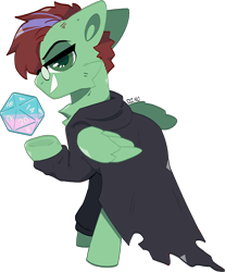 Size: 1670x2013 | Tagged: safe, artist:dino_horse, oc, oc only, oc:ember heartshine, species:pegasus, species:pony, g4, cape, clothing, d20, glasses, simple background, smiling, smirk, solo, tabletop gaming, transparent background