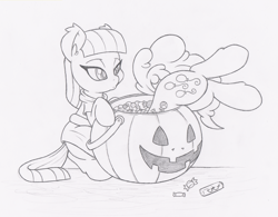 Size: 1500x1171 | Tagged: safe, artist:dfectivedvice, character:maud pie, character:pinkie pie, species:pony, cute, diapinkes, grayscale, maudabetes, monochrome, nightmare night, silly, silly pony