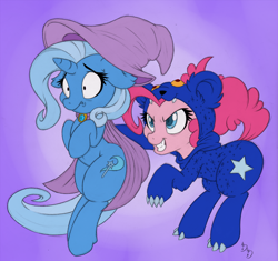 Size: 1500x1410 | Tagged: safe, artist:dfectivedvice, artist:dragonfoorm, character:pinkie pie, character:trixie, species:pony, species:unicorn, clothing, costume, female, mare, scared, trixie's cape, trixie's hat, ursa minor