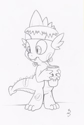 Size: 2726x4029 | Tagged: safe, artist:dfectivedvice, character:spike, clothing, costume, frankenstein's monster, grayscale, holding, monochrome, nightmare night costume, sketch, solo, traditional art