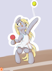 Size: 1650x2250 | Tagged: safe, artist:alasou, character:derpy hooves, species:pony, bipedal, blep, bottomless, clothing, dress, ear fluff, female, hoof hold, no panties, paddle, patreon, patreon logo, silly, silly pony, skirt, solo, sports dress, tennis, tennis ball, tongue out, upskirt, you're doing it wrong