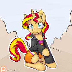 Size: 1000x1000 | Tagged: safe, artist:alasou, character:sunset shimmer, species:pony, species:unicorn, clothing, cute, equestria girls outfit, female, jacket, patreon, patreon logo, raised hoof, shimmerbetes, sitting, smiling, solo