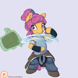 Size: 1350x1350 | Tagged: safe, artist:alasou, character:scootaloo, species:pegasus, species:pony, bipedal, bucket, clothing, cosplay, costume, glowing horn, korra, looking at you, magic, patreon, patreon logo, semi-anthro, simple background, smiling, solo, telekinesis, the legend of korra, water, waterbending