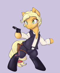 Size: 1350x1650 | Tagged: safe, artist:alasou, character:applejack, species:pony, alternate hairstyle, bipedal, clothing, cosplay, costume, crossover, disney, female, gun, han solo, hoof hold, lucasfilm, modified dl44 heavy blaster, patreon, patreon logo, solo, star wars, weapon