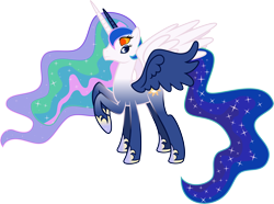 Size: 7000x5210 | Tagged: safe, artist:ambassad0r, character:princess celestia, character:princess luna, species:pony, absurd resolution, female, four eyes, four wings, fusion, gem fusion, mare, multiple horns, multiple limbs, multiple wings, raised hoof, simple background, six-legged pony, solo, spread wings, transparent background, wat, what has magic done, wings