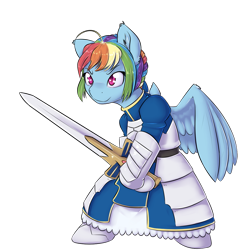 Size: 1200x1200 | Tagged: safe, artist:alasou, character:rainbow dash, species:pegasus, species:pony, alternate hairstyle, armor, bipedal, clothing, cosplay, costume, crossover, excalibur, fate/stay night, female, mare, saber, semi-anthro, simple background, solo, sword, transparent background, weapon