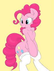 Size: 2365x3124 | Tagged: safe, artist:dfectivedvice, artist:jubileeglider, character:pinkie pie, species:pony, bipedal, chest fluff, clothing, cute, diapinkes, ear fluff, fluffy, leg fluff, shoulder fluff, simple background, smiling, socks, solo, thigh highs, yellow background