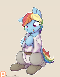 Size: 1225x1575 | Tagged: safe, artist:alasou, character:rainbow dash, alternate hairstyle, clothing, cosplay, costume, crossover, lightsaber, luke skywalker, patreon, patreon logo, simple background, solo, star wars, this will end in tears and/or death, tongue out, weapon