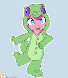 Size: 1225x1400 | Tagged: safe, artist:alasou, character:gummy, character:pinkie pie, species:anthro, chibi, clothing, costume, cute, diapinkes, female, kigurumi, onesie, open mouth, pajamas, patreon, patreon logo, simple background, solo