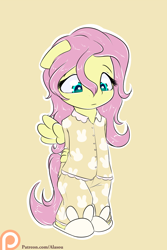 Size: 1050x1575 | Tagged: safe, artist:alasou, character:fluttershy, species:anthro, species:plantigrade anthro, bunny slippers, chibi, clothing, cute, female, floppy ears, frown, looking down, pajamas, patreon, patreon logo, shyabetes, simple background, slippers, solo