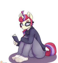 Size: 1500x1650 | Tagged: safe, artist:alasou, character:moondancer, species:anthro, species:plantigrade anthro, adorkable, book, clothing, cute, dancerbetes, dork, female, glasses, looking at you, pants, patreon, patreon logo, simple background, socks, solo, transparent background