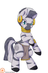 Size: 1200x1800 | Tagged: safe, artist:alasou, character:zecora, species:zebra, bipedal, loincloth, looking at you, patreon, patreon logo, rearing, simple background, smiling, solo, transparent background