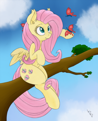 Size: 1614x2000 | Tagged: safe, artist:dfectivedvice, artist:dragonfoorm, character:fluttershy, species:pony, belly button, butterfly, cloud, sitting, solo, tree branch