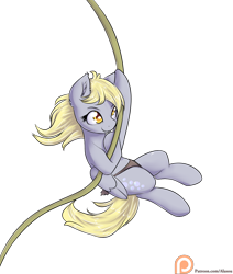 Size: 1375x1625 | Tagged: safe, artist:alasou, character:derpy hooves, species:pegasus, species:pony, clothing, female, mare, patreon, patreon logo, simple background, solo, swinging, tarzan, transparent background, vine