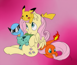 Size: 1000x841 | Tagged: safe, artist:dfectivedvice, artist:dragonfoorm, character:fluttershy, bulbasaur, charmander, colored sketch, crossover, pikachu, pokémon, squirtle