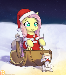 Size: 1200x1350 | Tagged: safe, artist:alasou, character:angel bunny, character:fluttershy, species:deer, species:pony, species:reindeer, clothing, cute, female, glowing nose, hat, mare, open mouth, patreon, patreon logo, red nose, reins, santa costume, santa hat, shyabetes, sled, unamused