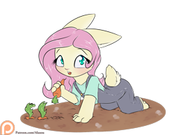 Size: 1350x1050 | Tagged: safe, artist:alasou, part of a set, character:fluttershy, species:anthro, species:rabbit, breasts, bunnified, bunnyshy, carrot, clothing, cute, delicious flat chest, female, flattershy, food, herbivore, looking at you, open mouth, overalls, patreon, patreon logo, shyabetes, simple background, solo, species swap, transparent background