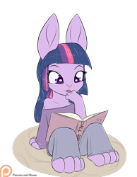 Size: 1050x1350 | Tagged: safe, artist:alasou, part of a set, character:twilight sparkle, species:anthro, species:rabbit, :<, book, bunnified, bunny sparkle, clothing, female, patreon, patreon logo, reading, simple background, solo, species swap, transparent background