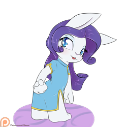 Size: 1200x1200 | Tagged: safe, artist:alasou, part of a set, character:rarity, species:anthro, species:rabbit, bunnified, cheongsam, clothing, female, patreon, patreon logo, rabbity, simple background, solo, species swap, transparent background