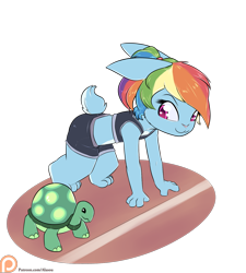 Size: 1350x1500 | Tagged: safe, artist:alasou, part of a set, character:rainbow dash, character:tank, species:anthro, species:rabbit, bunnified, patreon, patreon logo, ponytail, rabbit dash, racing, simple background, species swap, the tortoise and the hare, transparent background