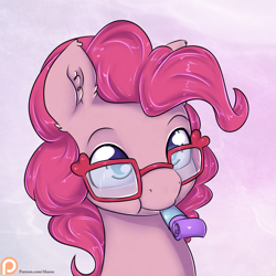 Size: 1050x1050 | Tagged: safe, artist:alasou, part of a set, character:pinkie pie, adorkable, bust, cute, diapinkes, dork, glasses, mouth hold, party horn, patreon, patreon logo, solo