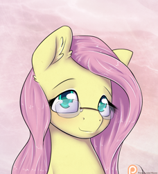 Size: 1050x1150 | Tagged: safe, artist:alasou, part of a set, character:fluttershy, bust, glasses, looking at you, patreon, patreon logo, portrait, smiling, solo