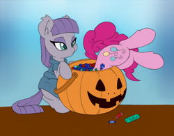 Size: 1500x1171 | Tagged: safe, artist:dfectivedvice, artist:dragonfoorm, character:maud pie, character:pinkie pie, species:pony, bucket, candy, cute, diapinkes, food, jack-o-lantern, maudabetes, nightmare night, pouting, pumpkin, pumpkin bucket, silly, silly pony