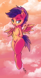 Size: 536x1000 | Tagged: safe, artist:dfectivedvice, artist:firebird145, character:scootaloo, species:pegasus, species:pony, belly button, chest fluff, cloud, flying, looking at you, scootaloo can fly, solo, sunset