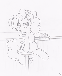 Size: 645x800 | Tagged: safe, artist:dfectivedvice, character:pinkie pie, alcohol, drink, food, grayscale, monochrome, solo, whistling