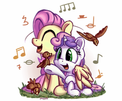 Size: 1200x1000 | Tagged: safe, artist:bobdude0, character:fluttershy, character:sweetie belle, species:bird, cute, diasweetes, duo, hug, music, music notes, shyabetes, singing, sitting, weapons-grade cute, winghug