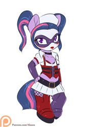 Size: 1050x1400 | Tagged: safe, artist:alasou, character:twilight sparkle, species:anthro, species:plantigrade anthro, belly button, chibi, clothing, cosplay, costume, face paint, female, hand on hip, harley quinn, latex, latex boots, looking at you, mask, midriff, patreon, patreon logo, simple background, solo, voice actor joke, white background