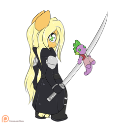 Size: 1500x1500 | Tagged: safe, artist:alasou, character:applejack, character:spike, species:anthro, aerith gainsborough, chibi, clothing, cosplay, costume, female, final fantasy, final fantasy vii, patreon, patreon logo, plushie, sephiroth, simple background, solo, spike plushie, sword, weapon, white background