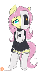 Size: 900x1500 | Tagged: safe, artist:alasou, character:fluttershy, species:anthro, species:pegasus, species:pony, breasts, clothing, cosplay, costume, cute, delicious flat chest, female, flattershy, glados, patreon, patreon logo, portal, portal (valve), shyabetes, simple background, solo, white background